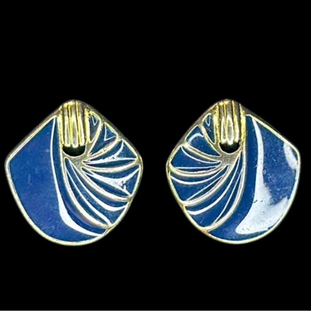 Trifari  Earrings Gold Tone Blue Enamel Mid Century Modernist Boho
